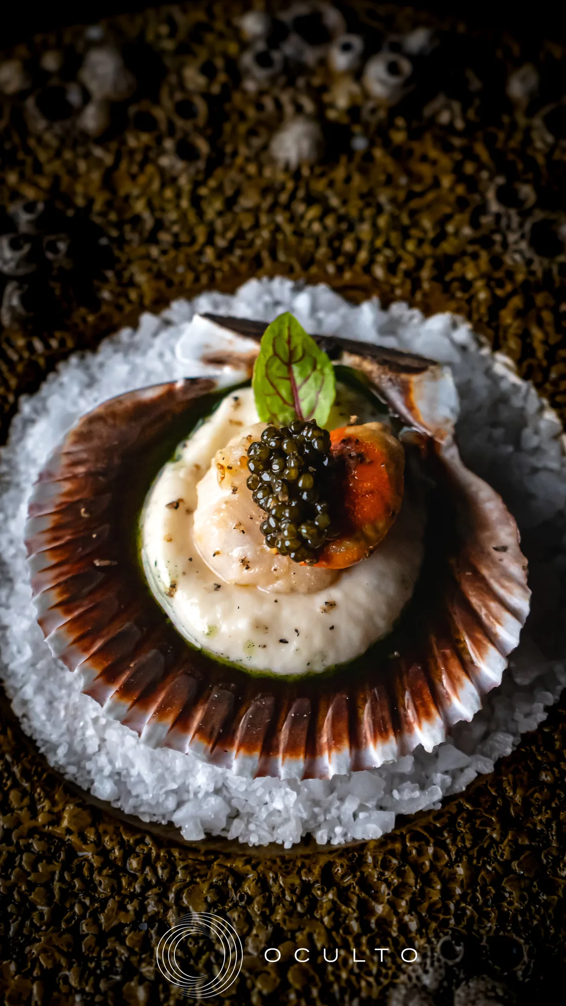 Vieira con caviar servida en su concha en el restaurante Oculto de Nerja